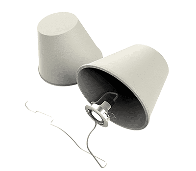 Two gray tin can telephones connected by a string, with one can lying on its side.