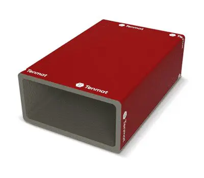 Rectangular red and grey fire protection sleeve with Tenmat logo on its surfaces.