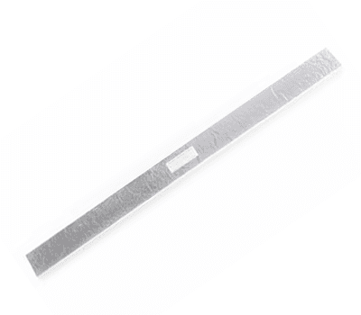 A long, thin metal strip with a small white rectangular label in the center, on a white background.