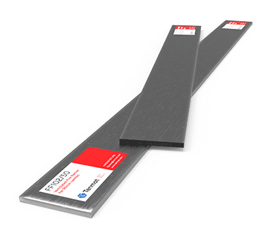 Three flat steel bars with red and white labels, stacked and slightly overlapping on a white background.