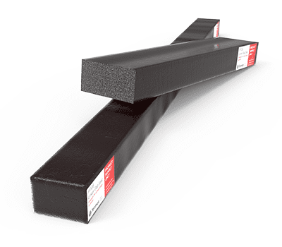 Two black rectangular foam blocks with white and red labels on the ends, stacked in an X shape.