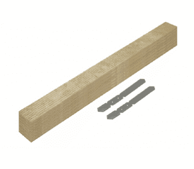A wooden plank next to two metal brackets on a white background.