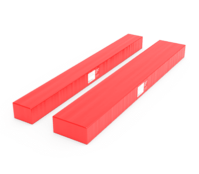 Two long, rectangular red boxes with white labels placed side by side on a white background.