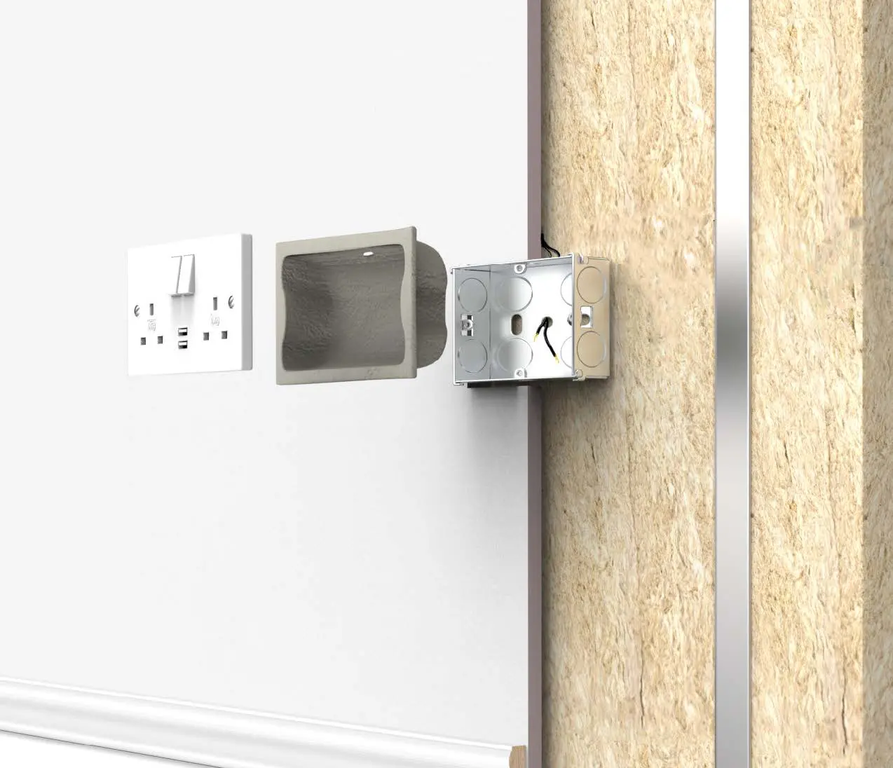 Cutaway view of wall showing electrical outlet box installation next to a finished outlet and light switch.