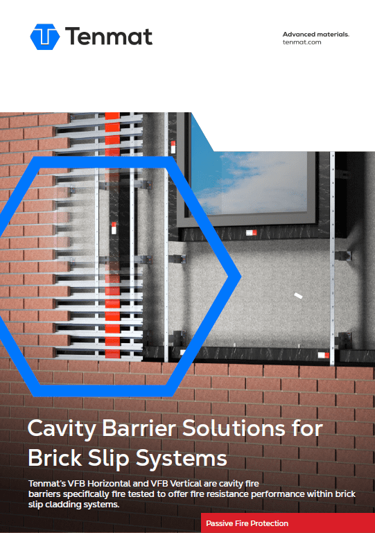 A brick wall with a cutaway showing Tenmat cavity barrier fire protection solutions behind the bricks.