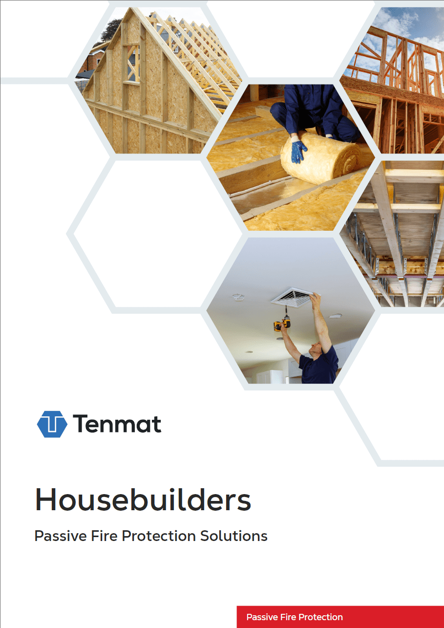 Cover with hexagon images of house construction, insulation, and ceiling work for Tenmat fire protection solutions.