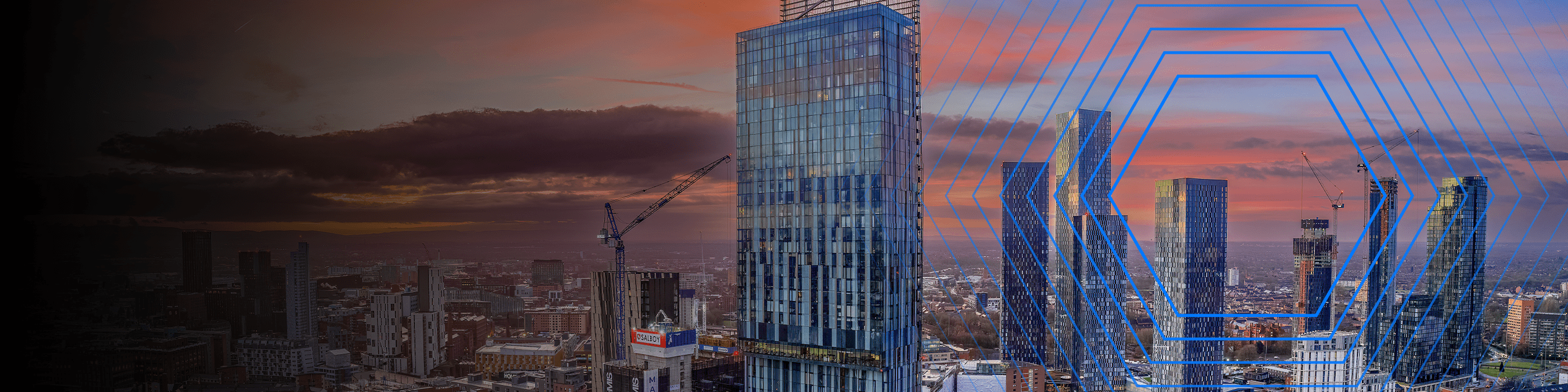 Skyscrapers against a colorful sunset sky, with cranes and city buildings in the background and blue graphic lines overlay.