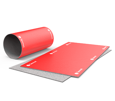 A roll and a flat sheet of red building insulation material with a gray underside, branded with ISOVER.
