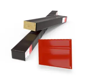 Two long black rectangular beams and a glossy red rectangular panel on a white background.
