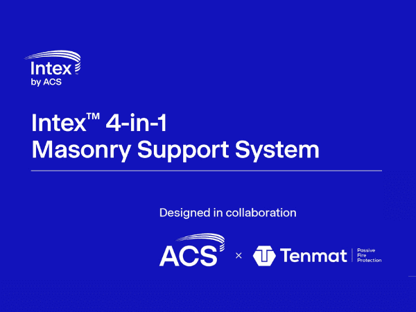 Blue graphic with Intex 4-in-1 Masonry Support System and logos for ACS and Tenmat, designed in collaboration.