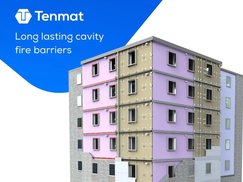3D rendering of a building with insulation panels, promoting Tenmat long lasting cavity fire barriers.