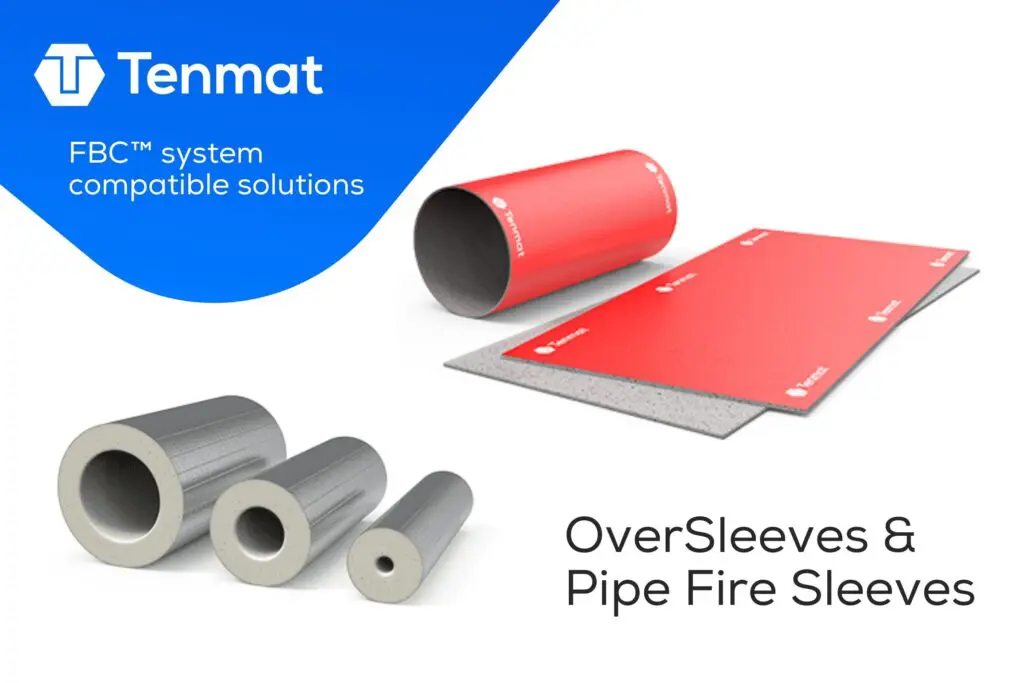 Tenmat OverSleeves and Pipe Fire Sleeves in gray and red, with product name and logo on a blue background.