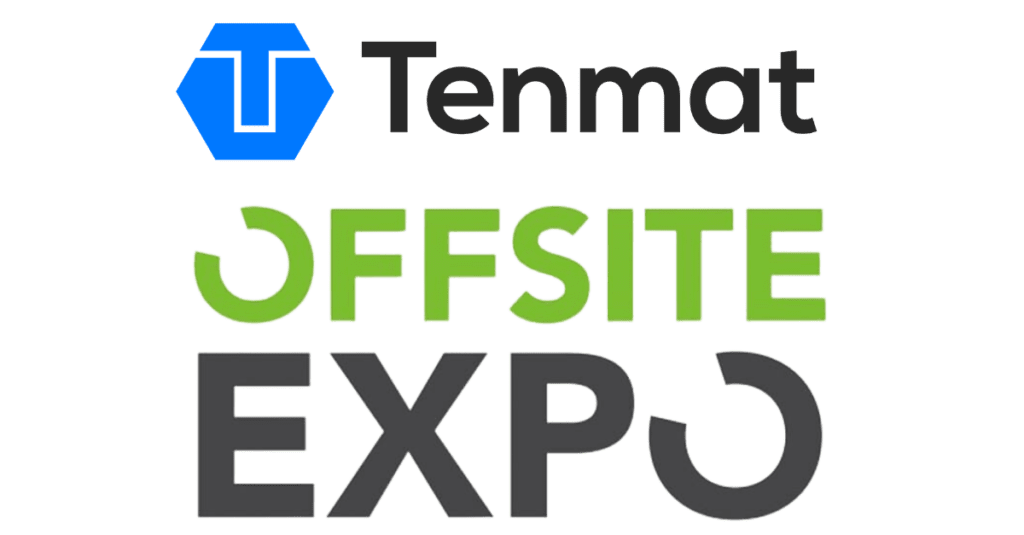 Tenmat Offsite Expo logo with blue, green, and gray text and hexagon graphic.