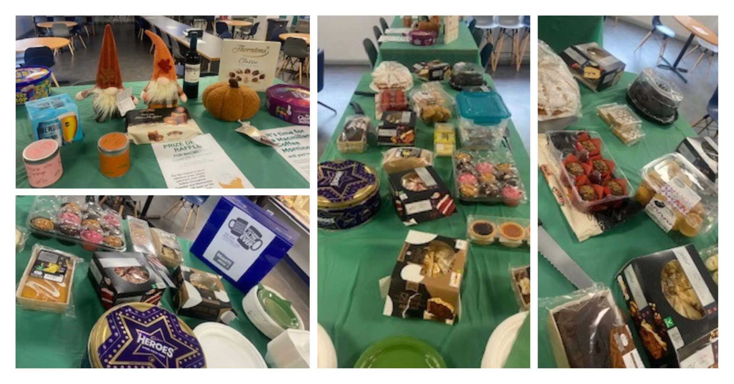 Desserts and snacks displayed on green tablecloths in a classroom, with drinks and fall decorations nearby.