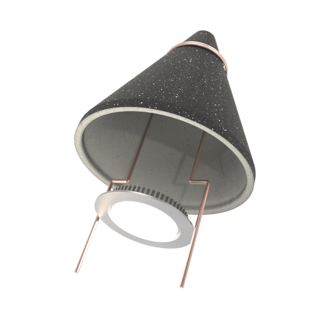 Cone-shaped ceiling light with a textured black shade and copper supports, viewed from below.