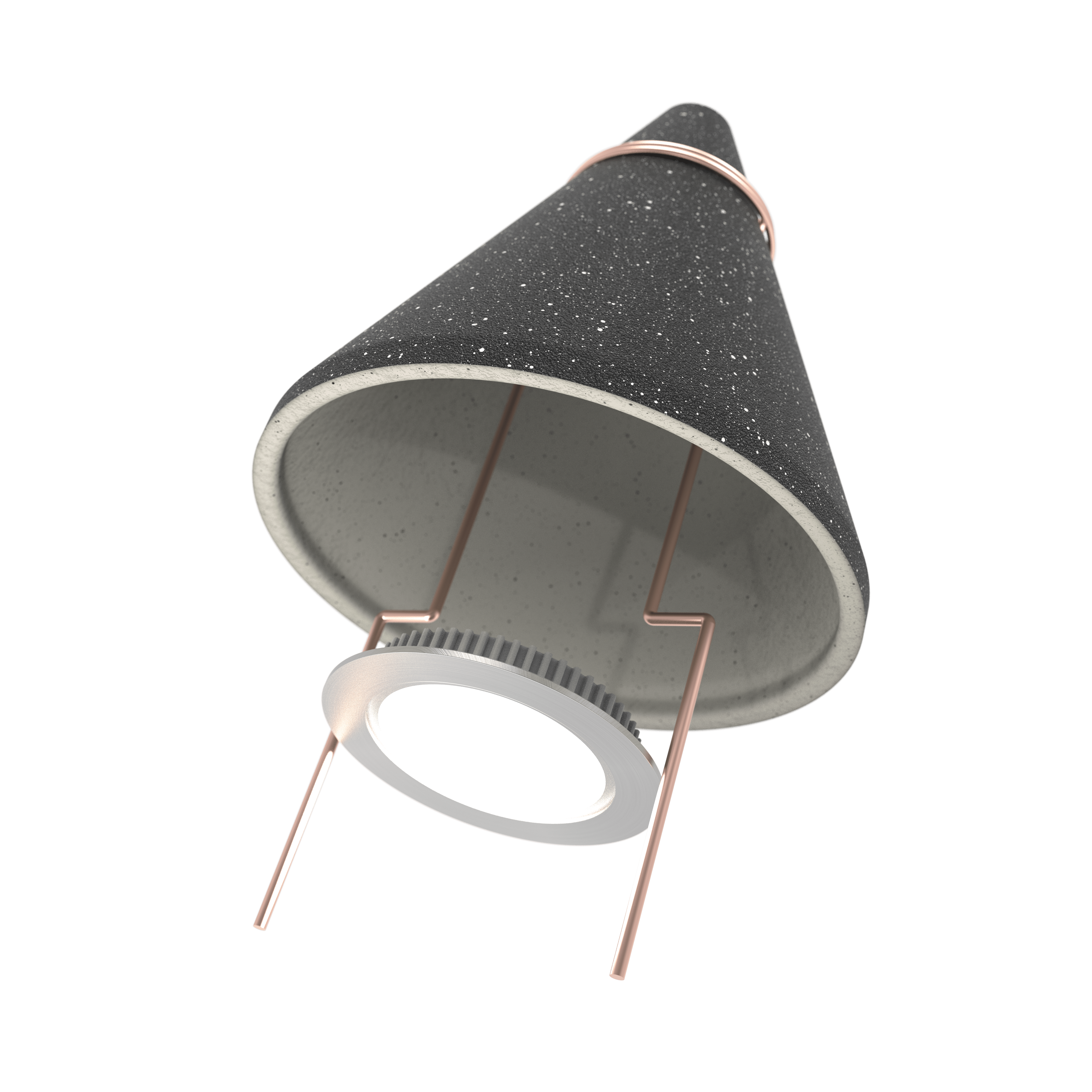 Cone-shaped ceiling light with a textured black shade and copper supports, viewed from below.