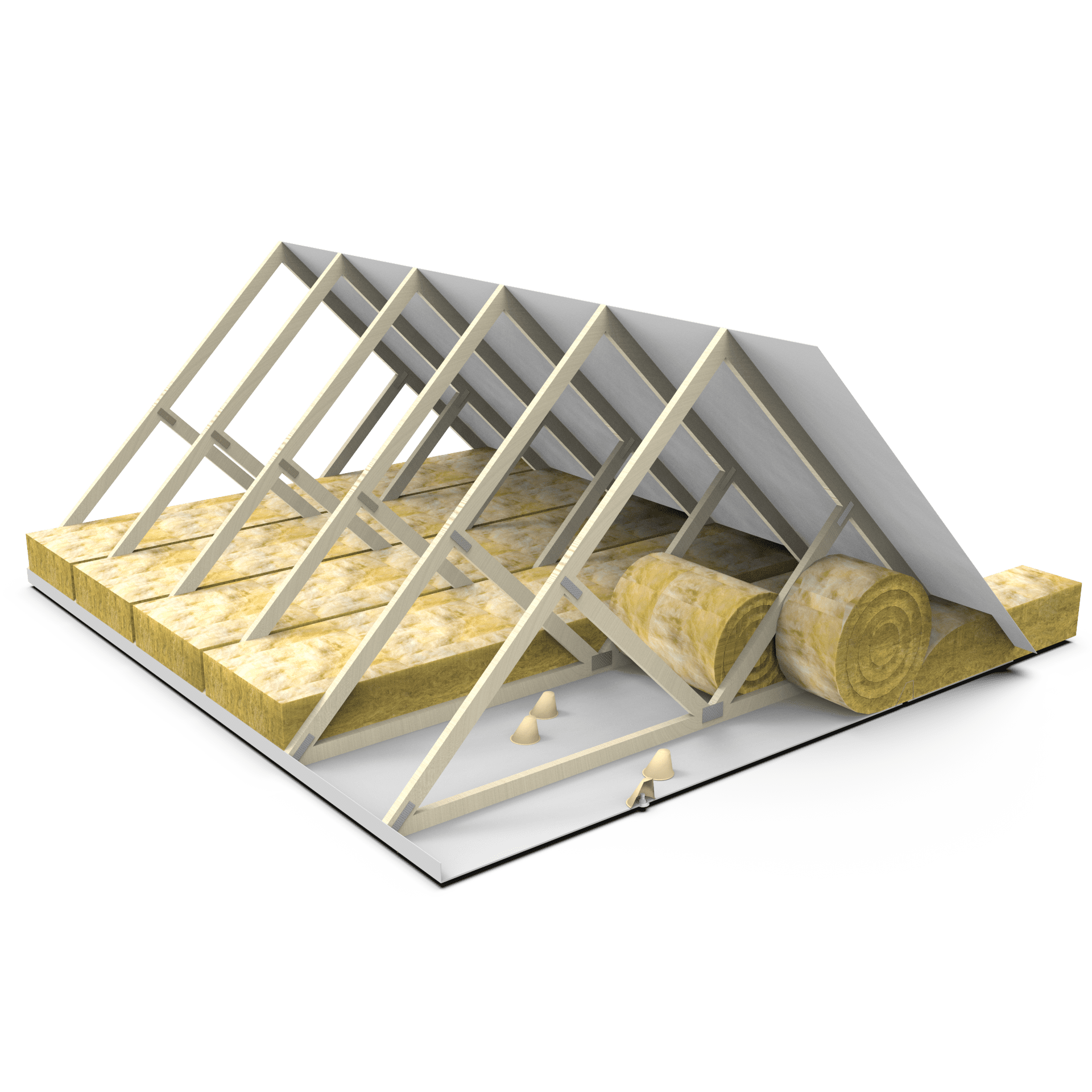Cross-section of a roof showing exposed rafters and rolls of insulation being installed between joists.