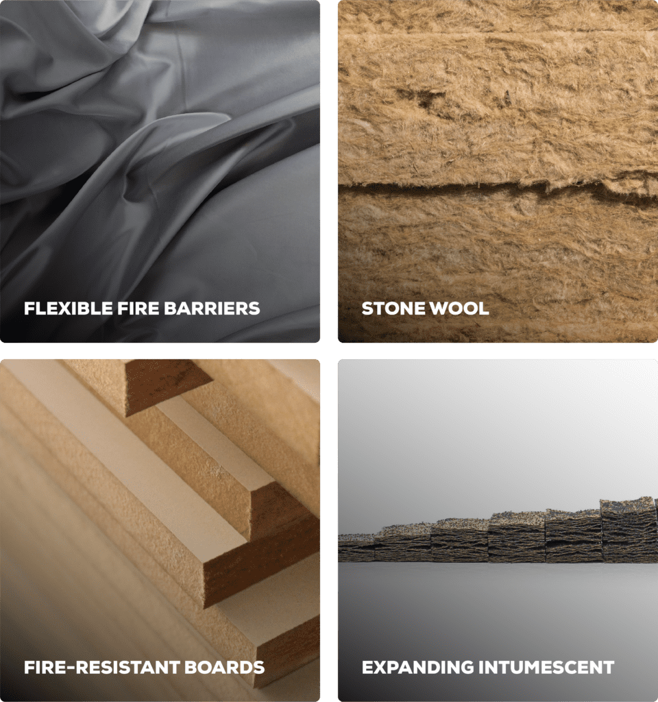 Four fireproofing materials: flexible fire barriers, stone wool, fire-resistant boards, and expanding intumescent.