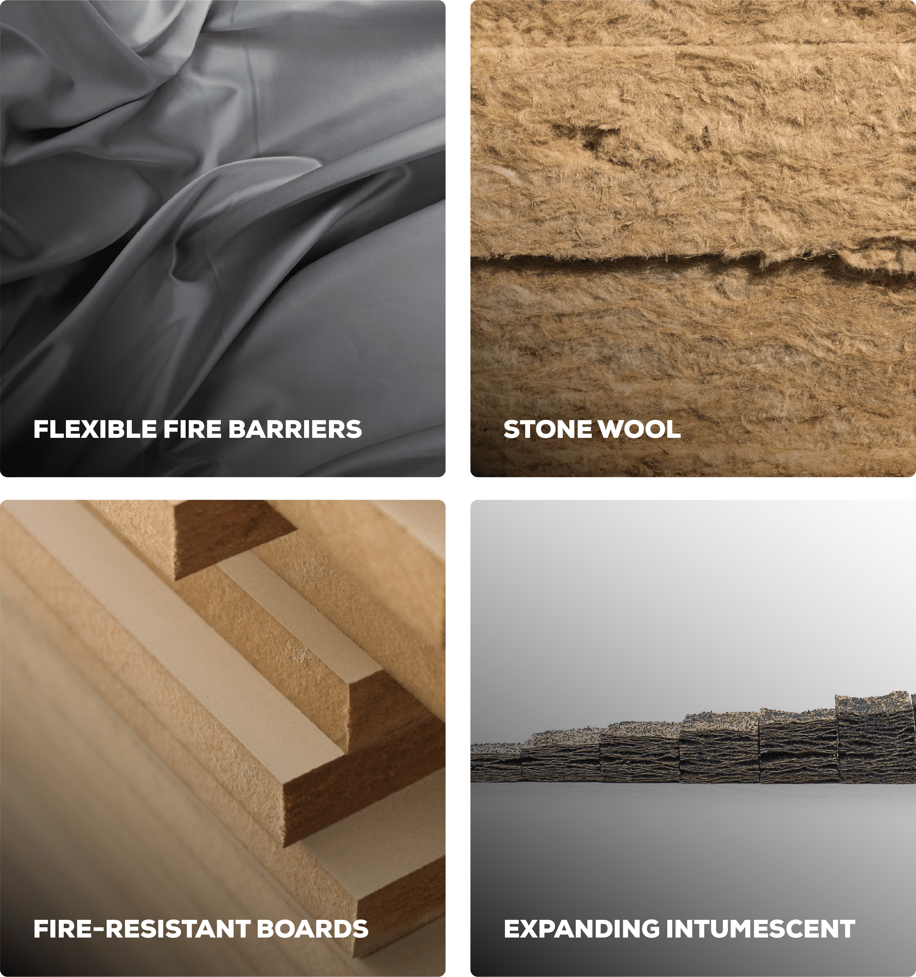 Four fireproofing materials: flexible fire barriers, stone wool, fire-resistant boards, and expanding intumescent.