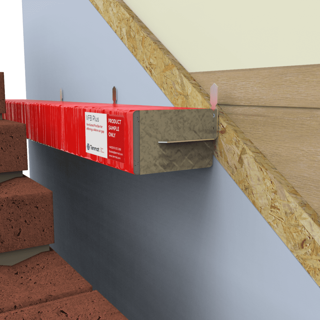 Cross-section of insulated cavity barrier installed along a staircase with brick steps and wooden trim.