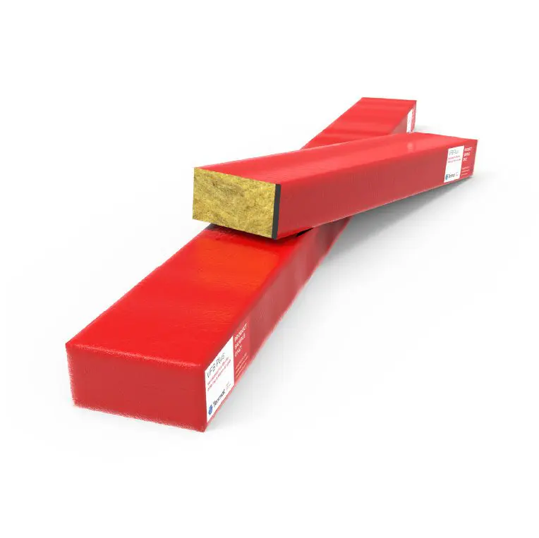 Two rectangular red insulation boards stacked diagonally, showing yellow fibrous material inside.