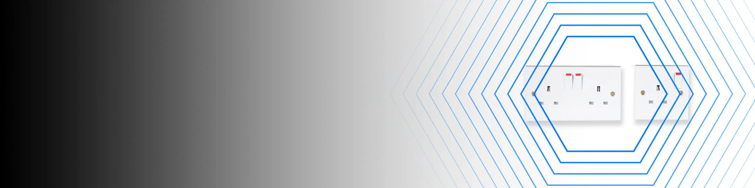 Two white electrical wall sockets with switches, framed by blue hexagonal lines on a grey gradient background.