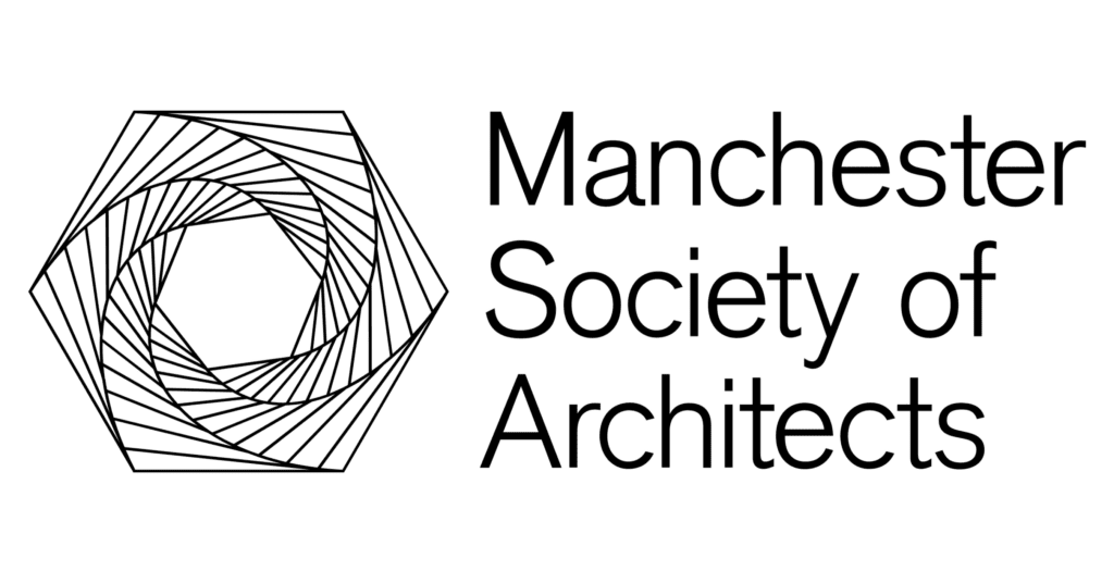 Black geometric hexagon logo with Manchester Society of Architects written in bold text on the right.