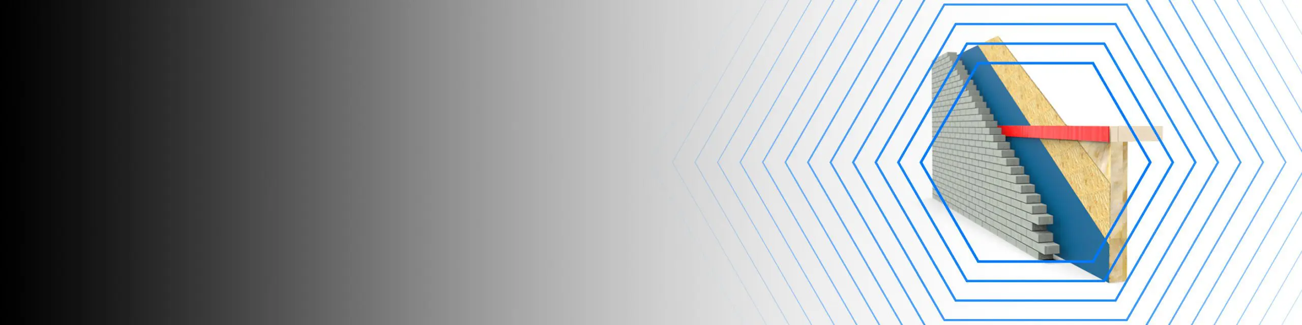 3D rendering of a building wall cross-section with blue hexagonal lines on a gray gradient background.