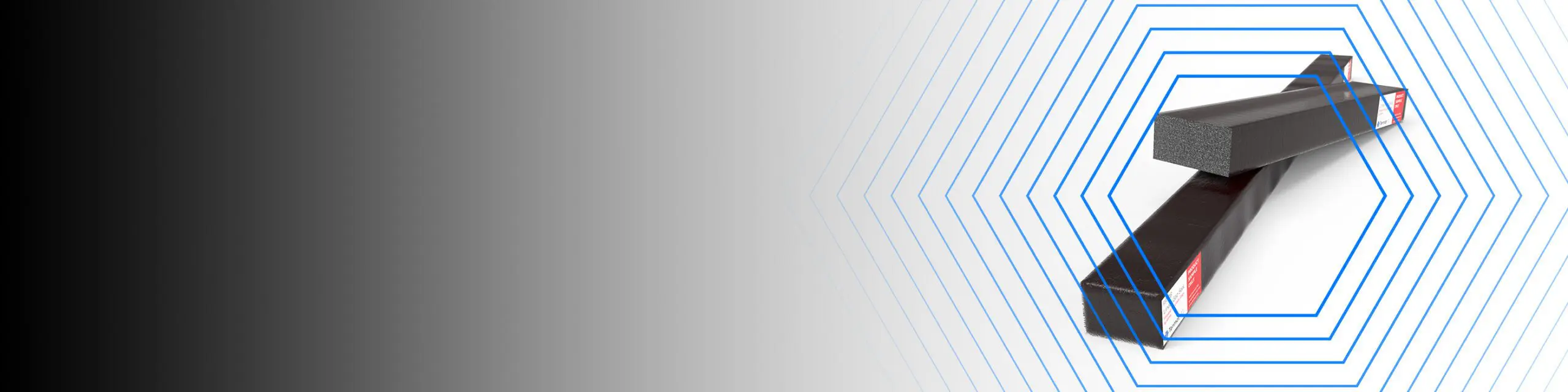 Two rectangular black foam bars stacked on a white gradient background with blue hexagonal line patterns.