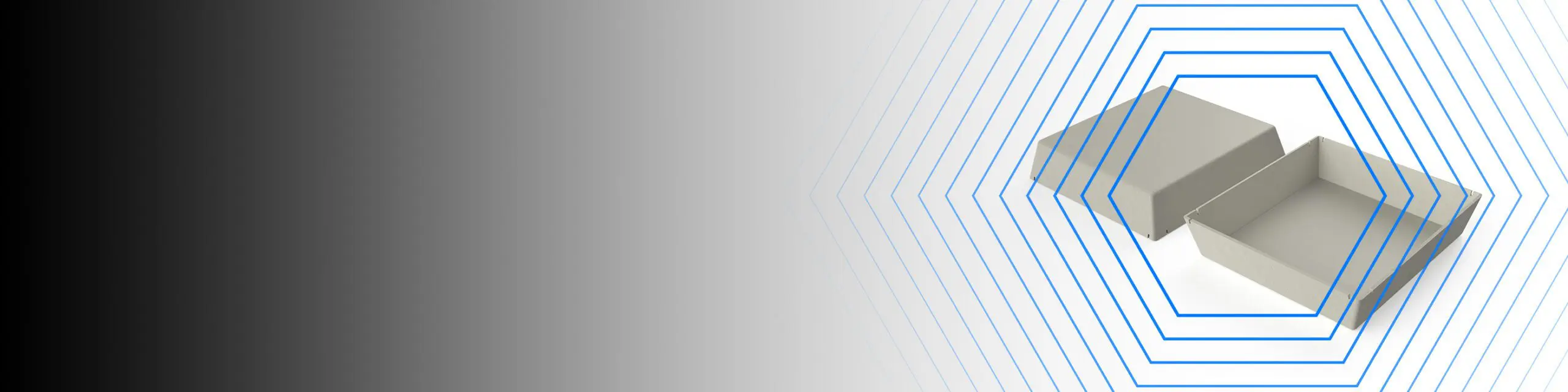 A gray open box with a lid, surrounded by blue hexagonal lines on a gradient background.