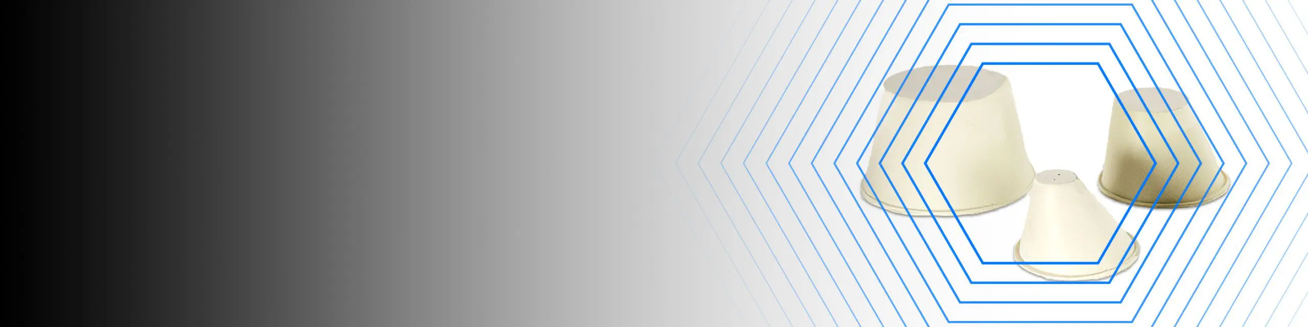 Three upside-down white cups on a gradient background with blue hexagonal outlines.