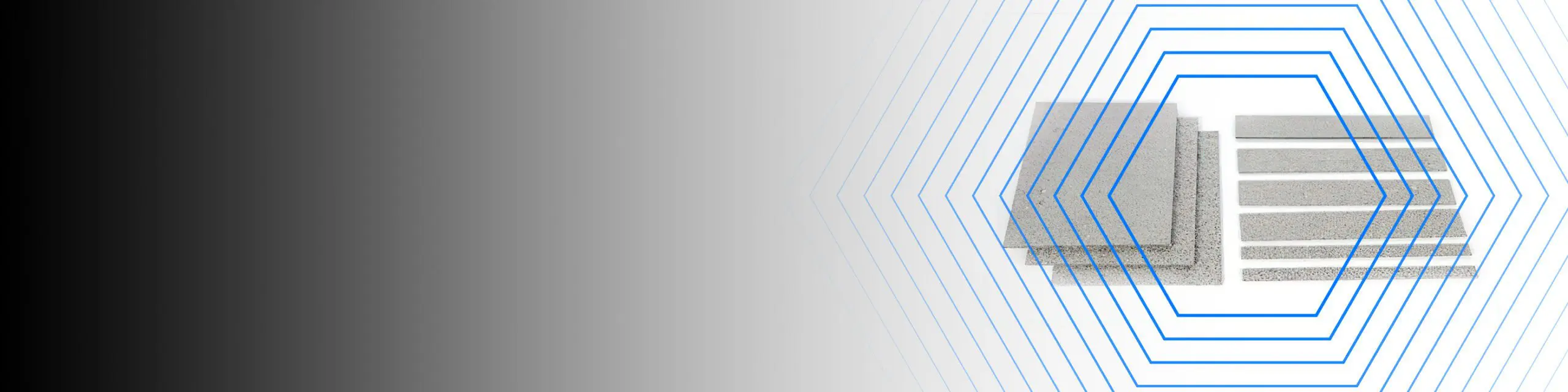 Gray panels with horizontal white lines, surrounded by blue hexagonal outlines, on a gradient background.