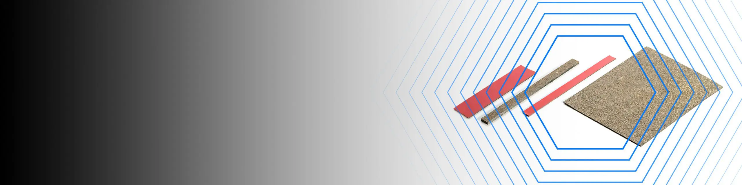 Three rectangular and square textured materials on a white background with blue hexagonal lines.
