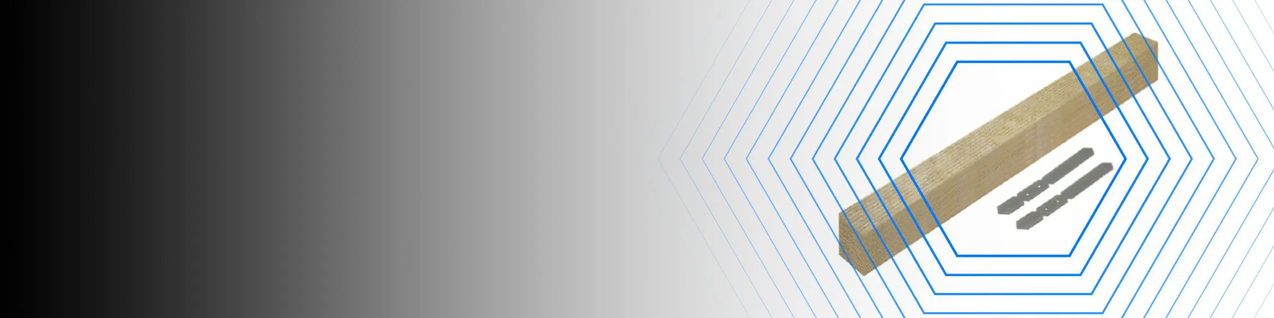 A wooden beam and two metal brackets on a gray background with blue hexagonal lines.