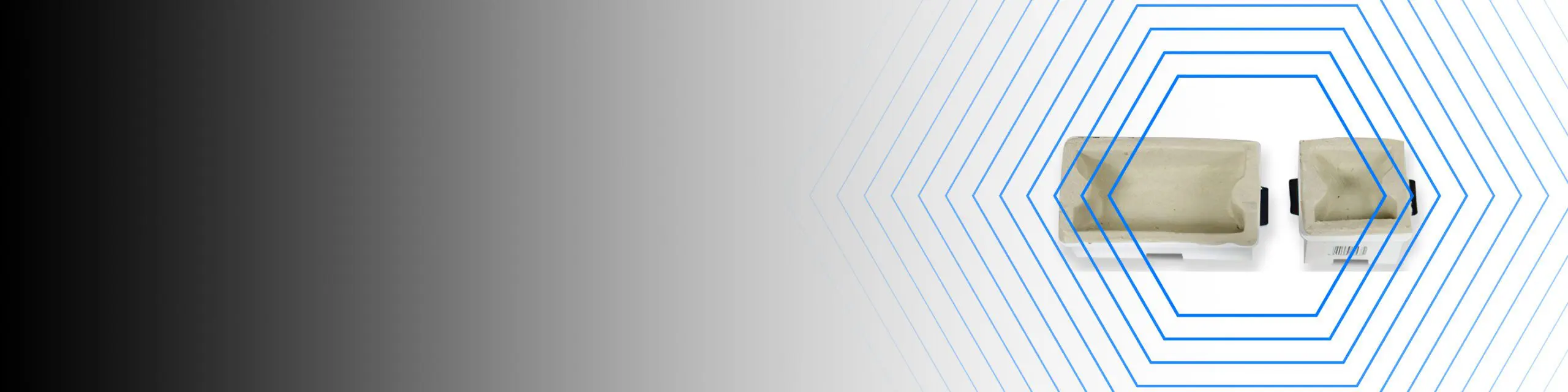 Two beige seats facing each other with blue hexagonal lines and a black-to-white gradient background.