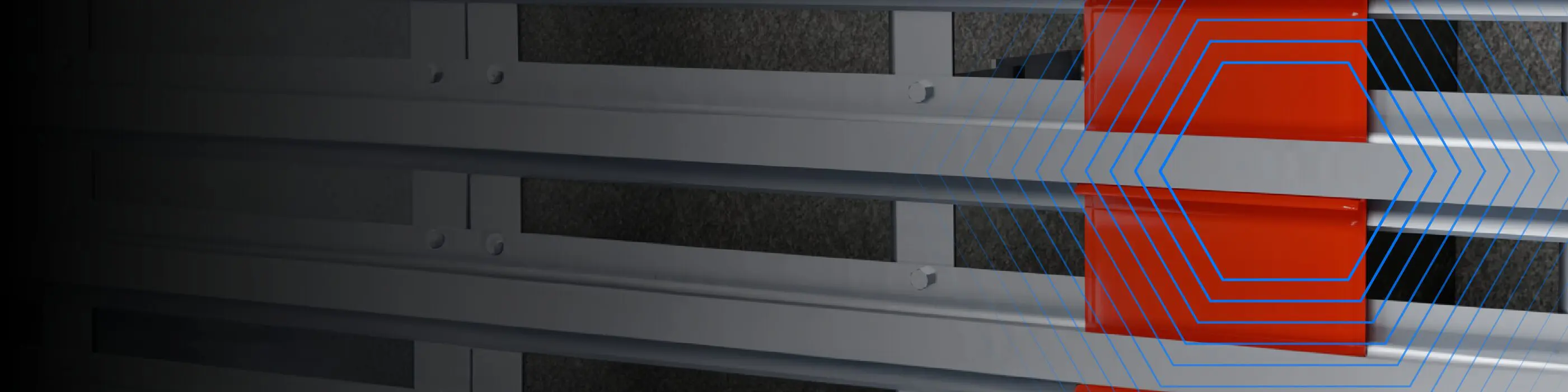 Close-up view of metal beams with a red section highlighted by blue concentric lines.