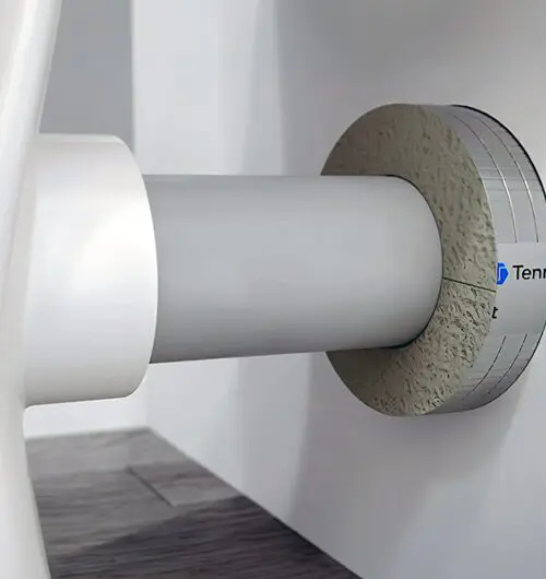 Close-up of a white pipe entering a wall, with grey insulation material around the opening.