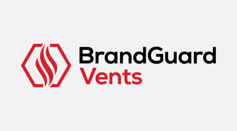 BrandGuard Vents logo with a red flame icon inside a hexagon next to the company name in black and red text.
