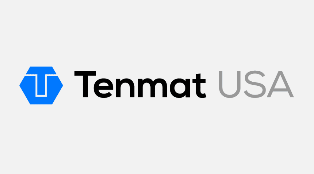 Tenmat USA logo with a blue hexagon and white T next to black and gray text on a light background.