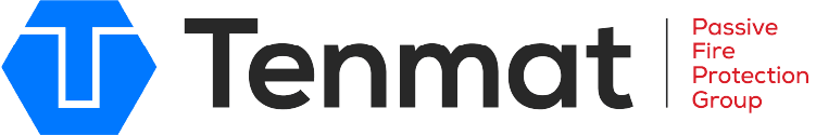 Tenmat logo with a blue hexagon and Passive Fire Protection Group written in red text.