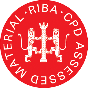 Red circular badge with two lions and text: RIBA CPD ASSESSED MATERIAL around the edge.