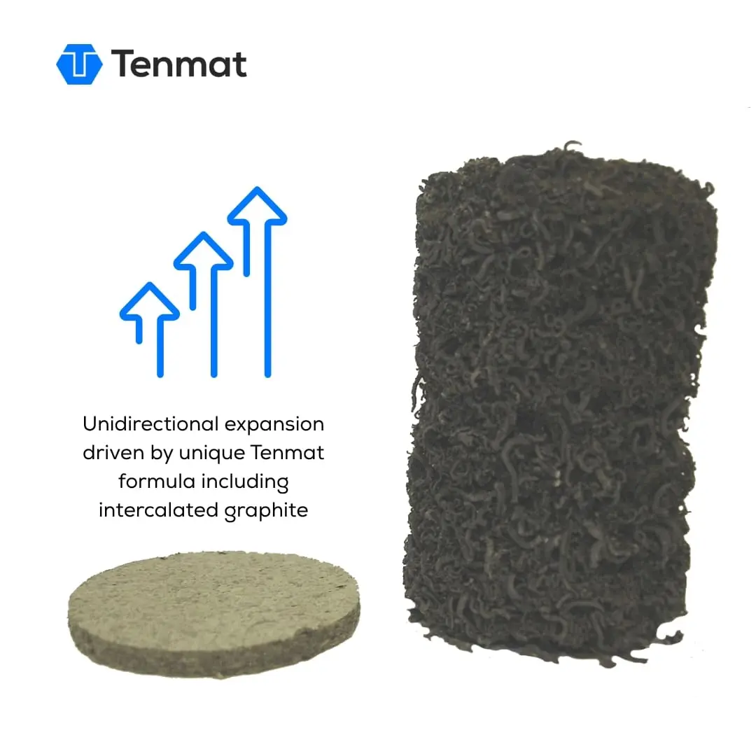 graphite intumescent Before and after of a Tenmat material, showing flat disc expanding into a dense, curly mass with upward arrows.