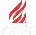 Red flame above bold white ASFP on transparent background.