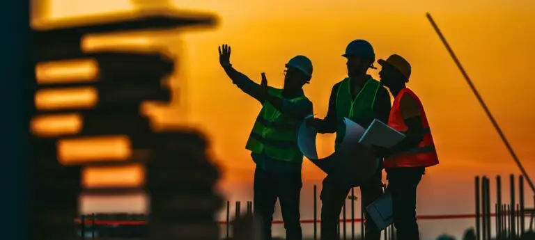 Three workers in safety vests and helmets talk at a worksite during sunset.
