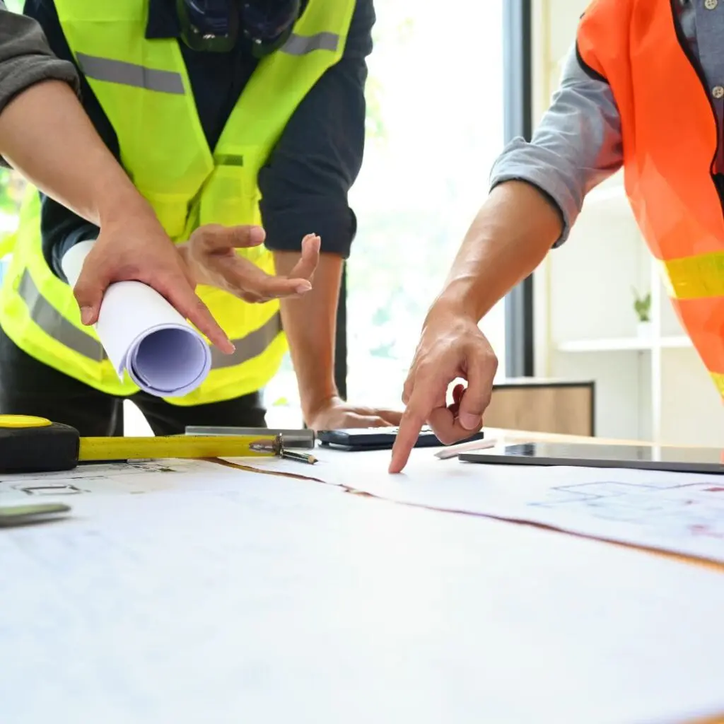 Two people in safety vests discuss blueprints at a desk; one points, the other holds rolled papers.