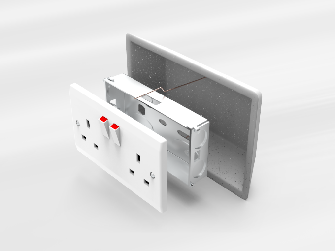Exploded view of wall socket, backbox, and wiring on white background.