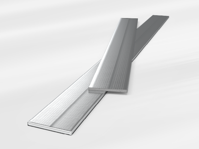 Two silver metal rectangles overlap on a plain light surface.