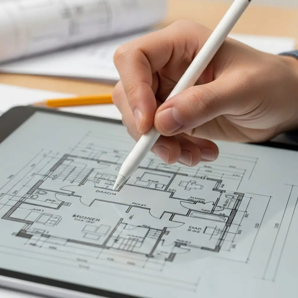 Hand using a stylus on a tablet showing an architectural floor plan.