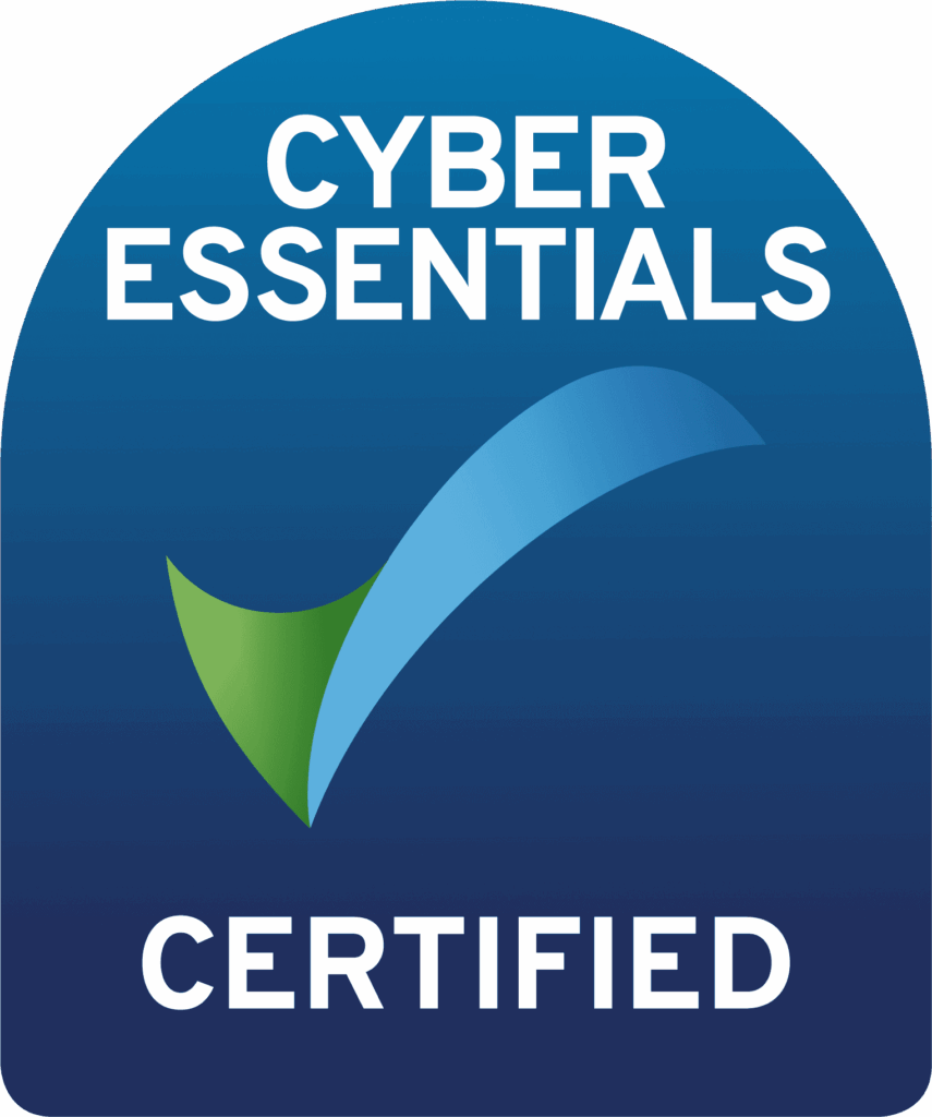 Cyber Essentials Certified logo and blue tick on a dark blue background.
