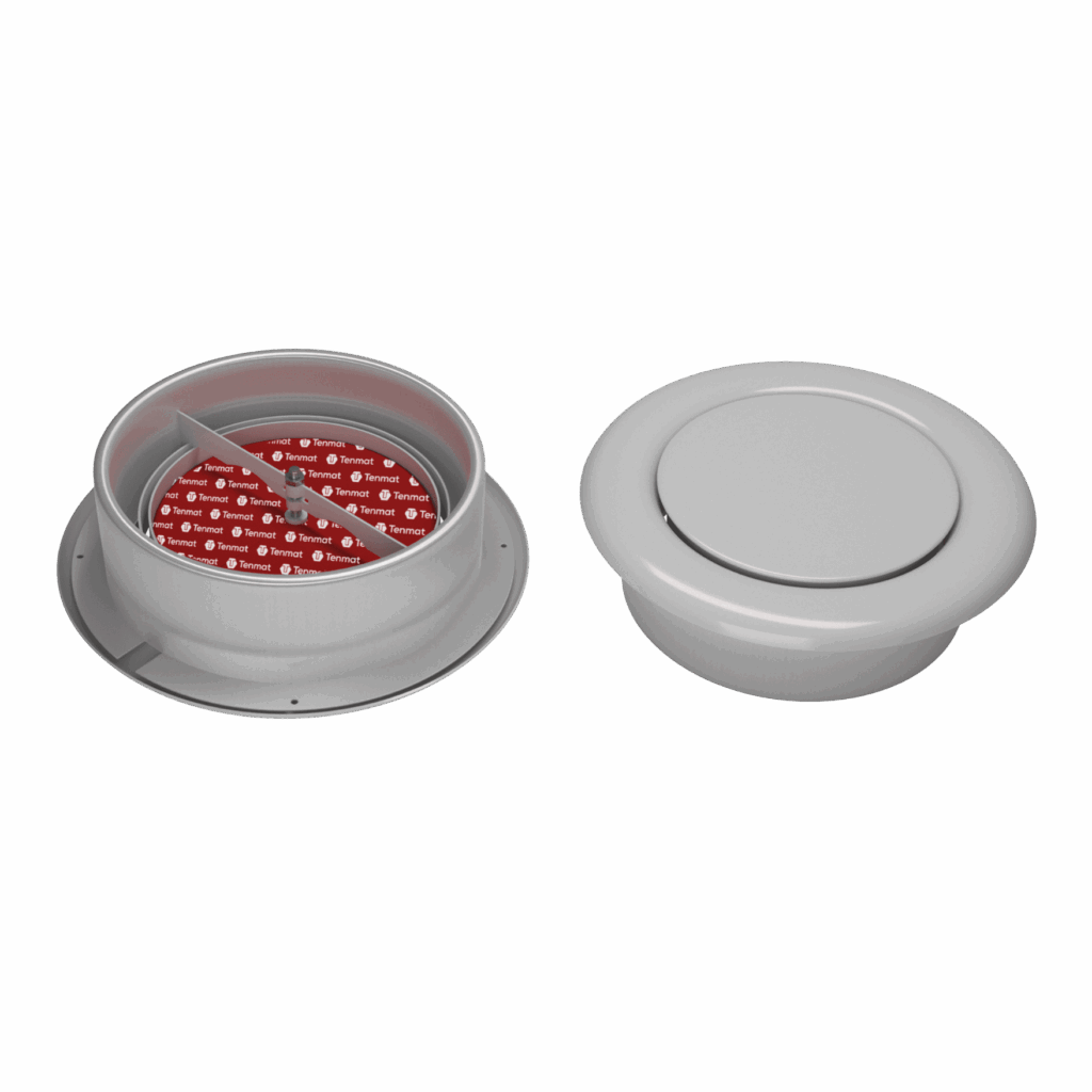 Two grey floor boxes: one closed, one open to reveal a red interior.